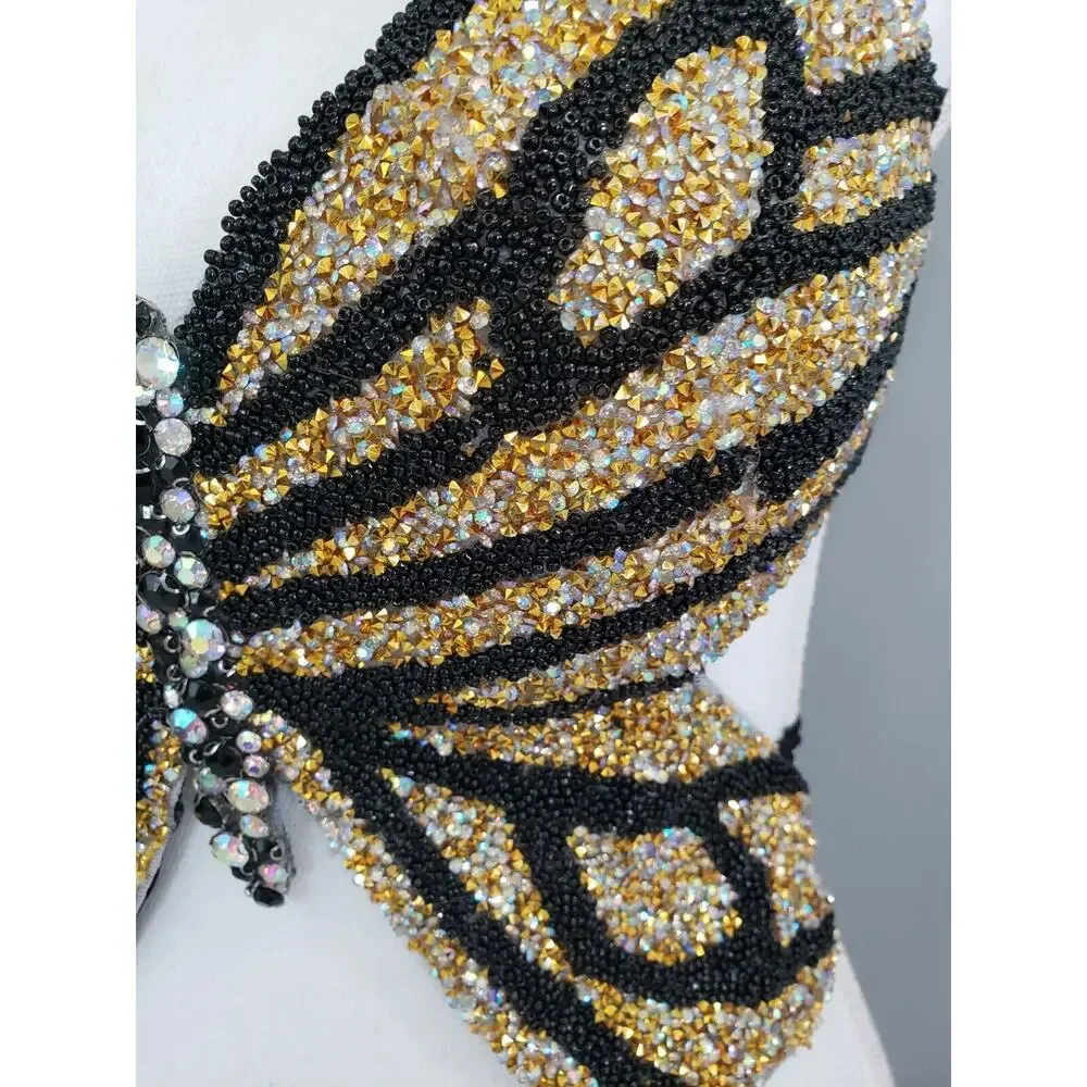 Vintage 00s Butterfly Crop Top Gold Black Rhinestones Strappy Open Back y2k 2000 - Picture 7 of 12